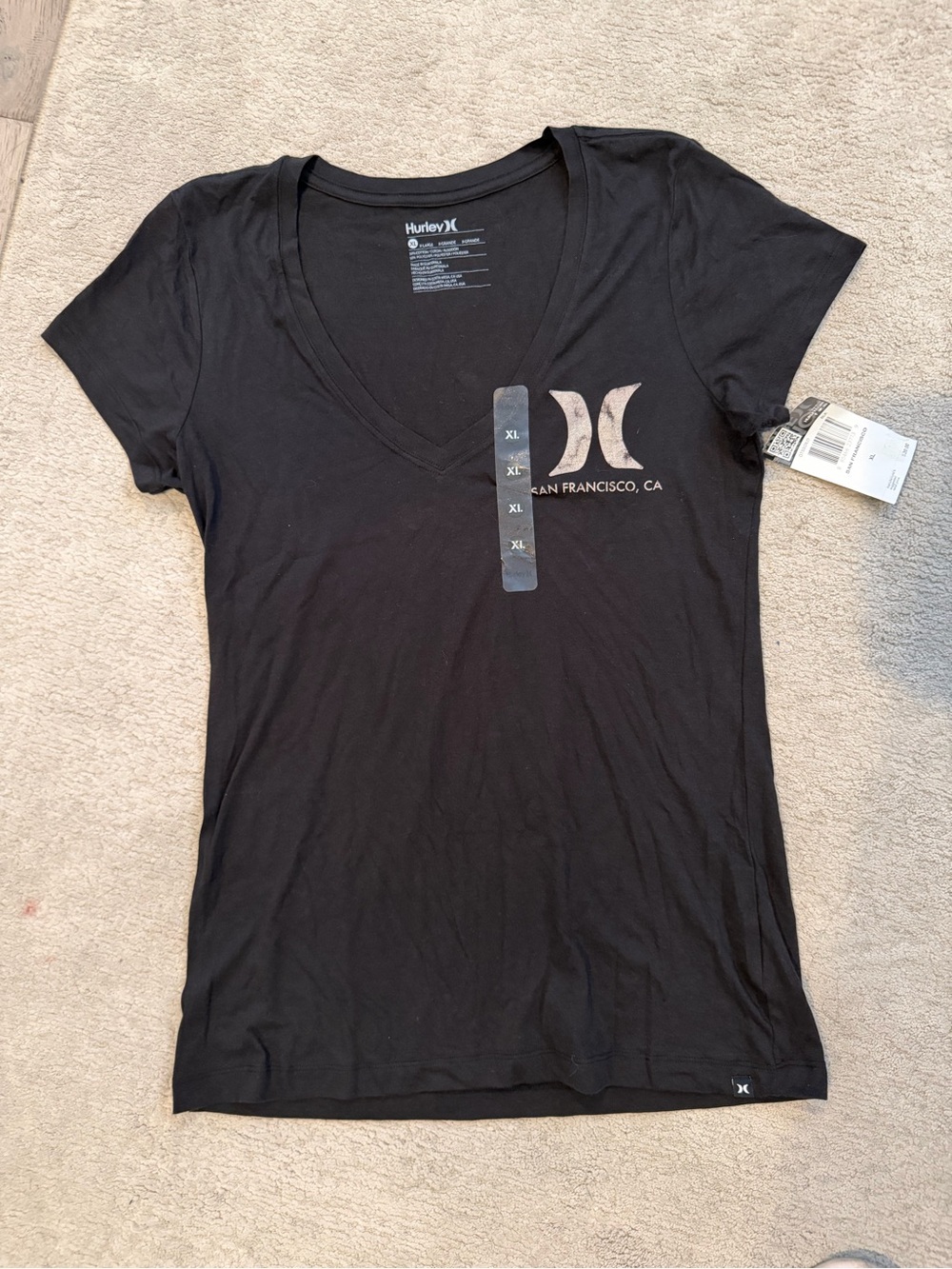 Hurley Black V-Neck Logo Tee with Cream Accent
